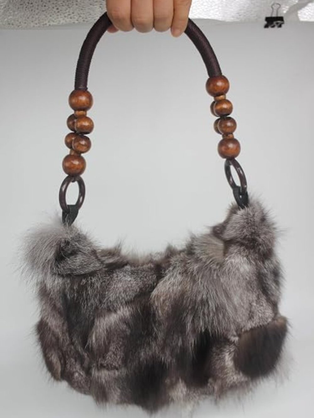 Neiman Marcus Bohemian Fox Fur Clutch with Wooden Bead Chain